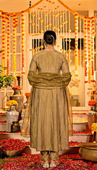 Olive Gold Premium Simmar Chanderi Silk Embroidered Kurta Pant Set with Organza Embroidered Dupatta
