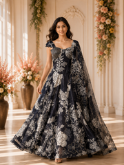 Black & White Floral Printed Designer Lehenga Choli Set with Organza Dupatta