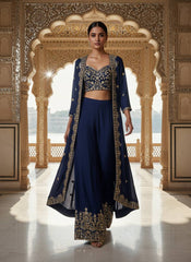 Navy Blue Chinon Silk Embroidered Indo-Western Palazzo Set with Shrug