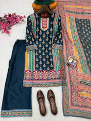 Premium Malai Satin Digital Print Kurti Pant Set with Georgette Dupatta | Designer Ethnic Suit for Women