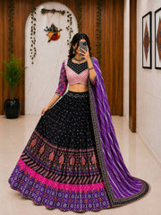 Black Malai Silk Navratri Lehenga Choli with Mirror Work & Printed Dupatta | Designer Garba & Festive Wear Lehenga for Women