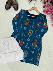Teal Blue Maslin Cotton Printed Kurti with Embroidered Farshi Plazzo Co-Ord Set for Women