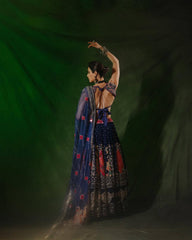 RoopRangi Women's Royal Navy Blue Printed Muslin Cotton Lehenga Choli Set with Real Mirror Work & Dupatta