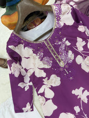 Purple Magic Cotton Embroidered Kurti Pant Set with Digital Print Dupatta