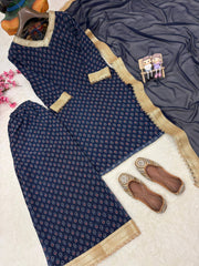 Navy Blue Georgette Printed Kurti Plazzo Set with Dupatta | Designer Festive Ethnic Wear for Women
