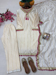 White Chanderi Silk 3 Piece Kurti Pant Set with Dupatta & Fancy Lace Work