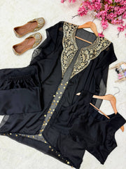 Rooprangi Women's Premium Star Georgette Indo-Western Jacket Palazzo Set | Black