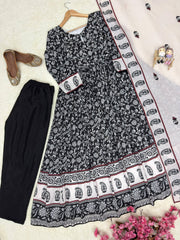 Black Premium Maslin Cotton Printed Anarkali Gown Set with Dupatta | Designer 3-Piece Ethnic Suit