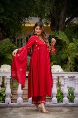Olive Green & Ruby Red Chanderi Silk Embroidered Anarkali Kurta Pant Set with Organza Dupatta