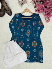 Teal Blue Maslin Cotton Printed Kurti with Embroidered Farshi Plazzo Co-Ord Set for Women