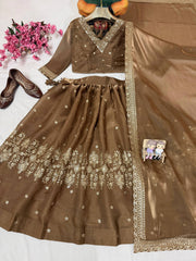 Coffee Brown GMY Silk Semi Bridal Lehenga Choli with Embroidered Dupatta | Designer Wedding Wear Lehenga for Women