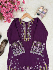 Parple Rayon Cotton Embroidered Kurti Set | Premium 2-Piece Designer Kurti Pant Set for Women