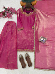Rani Pink Fandy Silk Kurti Plazzo Set with Dupatta | Designer Embroidered Festive Suit for Women