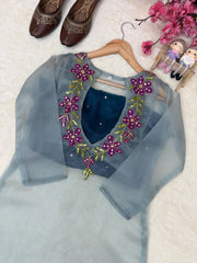 Organza Co-Ord Set with Embroidered Sheer Kurti, Blouse & Pant (3 Colors)