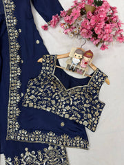 Navy Blue Chinon Silk Embroidered Indo-Western Palazzo Set with Shrug