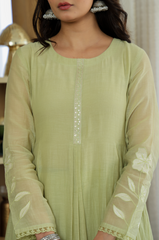 Rooprangi Women's Premium Chanderi Silk Embroidered Kurta Pant Set with Embroidered Chanderi Dupatta | Lavender & Pistachio Green