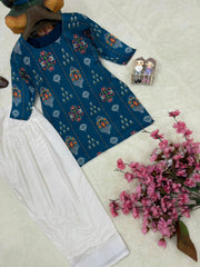 Teal Blue Maslin Cotton Printed Kurti with Embroidered Farshi Plazzo Co-Ord Set for Women