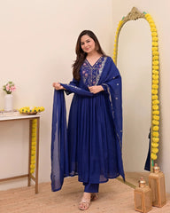 Wine, Sapphire Blue & Ivory White Chanderi Silk Embroidered Anarkali Kurta Pant Set with Embroidered Chanderi Dupatta