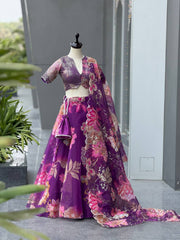 Purple Organza Digital Printed Lehenga Set with Sequins Blouse & Designer Batwa