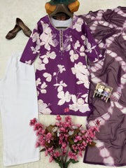 Purple Magic Cotton Embroidered Kurti Pant Set with Digital Print Dupatta