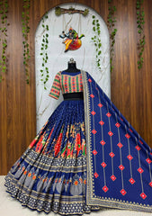 RoopRangi Women's Royal Navy Blue Printed Muslin Cotton Lehenga Choli Set with Real Mirror Work & Dupatta
