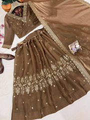 Coffee Brown GMY Silk Semi Bridal Lehenga Choli with Embroidered Dupatta | Designer Wedding Wear Lehenga for Women
