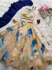Pastel Digital Print Jimmy Organza Lehenga Choli Set with Stone Work & Georgette Dupatta