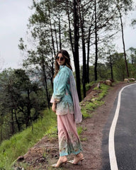 Sky Blue Premium Maslin Cotton Kurti Pant Set with Dupatta | Designer Digital Print Ethnic Suit for Women