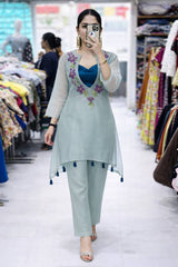 Organza Co-Ord Set with Embroidered Sheer Kurti, Blouse & Pant (3 Colors)