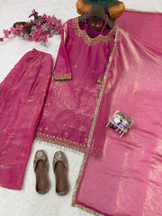Rani Pink Fandy Silk Kurti Plazzo Set with Dupatta | Designer Embroidered Festive Suit for Women