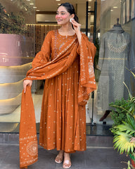 Rust orange & Rani Pink Cotton Khadi Print Embroidered Anarkali Kurta Pant Set with Cotton Khadi Print Dupatta