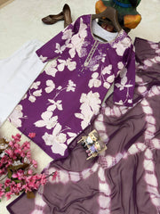 Purple Magic Cotton Embroidered Kurti Pant Set with Digital Print Dupatta