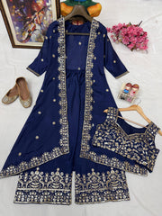 Navy Blue Chinon Silk Embroidered Indo-Western Palazzo Set with Shrug
