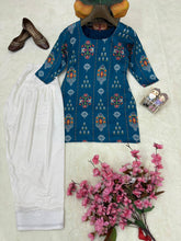 Teal Blue Maslin Cotton Printed Kurti with Embroidered Farshi Plazzo Co-Ord Set for Women
