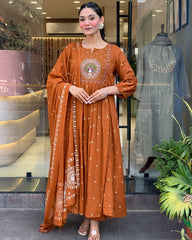 Rust orange & Rani Pink Cotton Khadi Print Embroidered Anarkali Kurta Pant Set with Cotton Khadi Print Dupatta