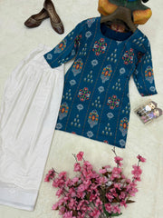 Teal Blue Maslin Cotton Printed Kurti with Embroidered Farshi Plazzo Co-Ord Set for Women
