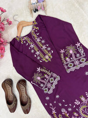 Parple Rayon Cotton Embroidered Kurti Set | Premium 2-Piece Designer Kurti Pant Set for Women