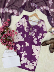 Purple Magic Cotton Embroidered Kurti Pant Set with Digital Print Dupatta