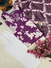 Purple Magic Cotton Embroidered Kurti Pant Set with Digital Print Dupatta