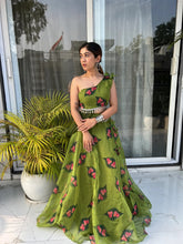 Olive Green Jimmy Organza Floral Lehenga Choli Set with Attached Dupatta