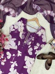 Purple Magic Cotton Embroidered Kurti Pant Set with Digital Print Dupatta