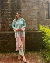 Sky Blue Premium Maslin Cotton Kurti Pant Set with Dupatta | Designer Digital Print Ethnic Suit for Women