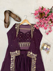 Wine Star Georgette Embroidered Indo-Western Lehenga Set with Designer Shrug