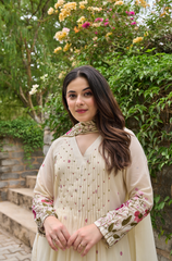 Pink & Ivory Chanderi Silk Embroidered Anarkali Kurta Pant Set with Chanderi Dupatta