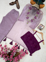 Organza Co-Ord Set with Embroidered Sheer Kurti, Blouse & Pant (3 Colors)