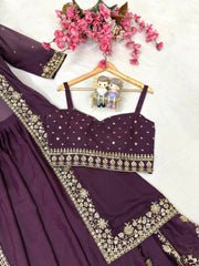 Wine Star Georgette Embroidered Indo-Western Lehenga Set with Designer Shrug