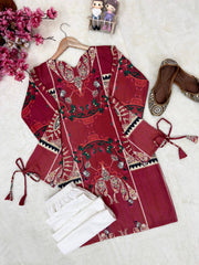 Cherry Red Premium Rayon Cotton Printed Co-Ord Set for Women | Designer Kurti & Plazzo