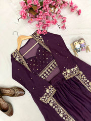 Wine Star Georgette Embroidered Indo-Western Lehenga Set with Designer Shrug