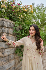 Pink & Ivory Chanderi Silk Embroidered Anarkali Kurta Pant Set with Chanderi Dupatta