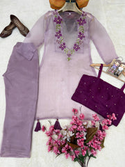 Organza Co-Ord Set with Embroidered Sheer Kurti, Blouse & Pant (3 Colors)